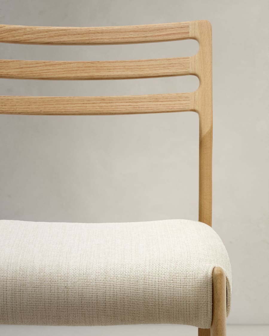 Cudia chair removable cover in beige chenille solid oak wood natural finish FSC Mix Credit