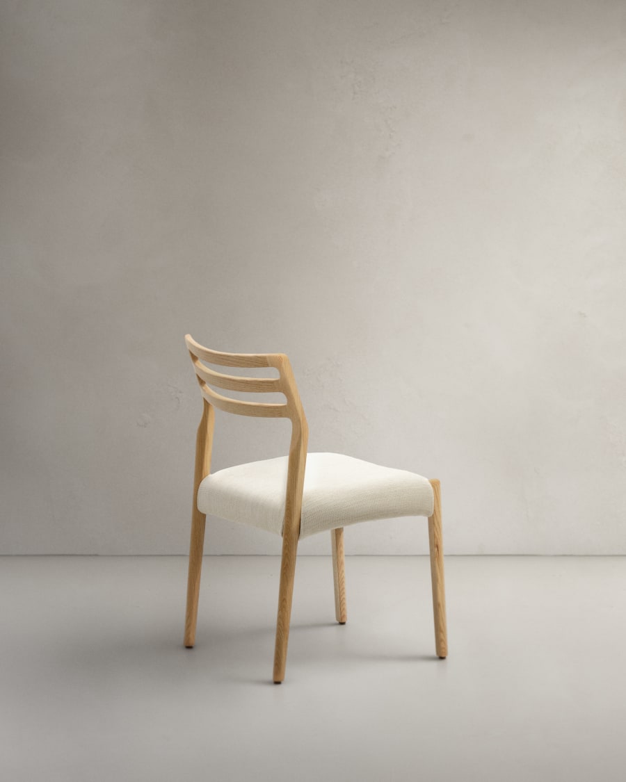 Cudia chair removable cover in beige chenille solid oak wood natural finish FSC Mix Credit