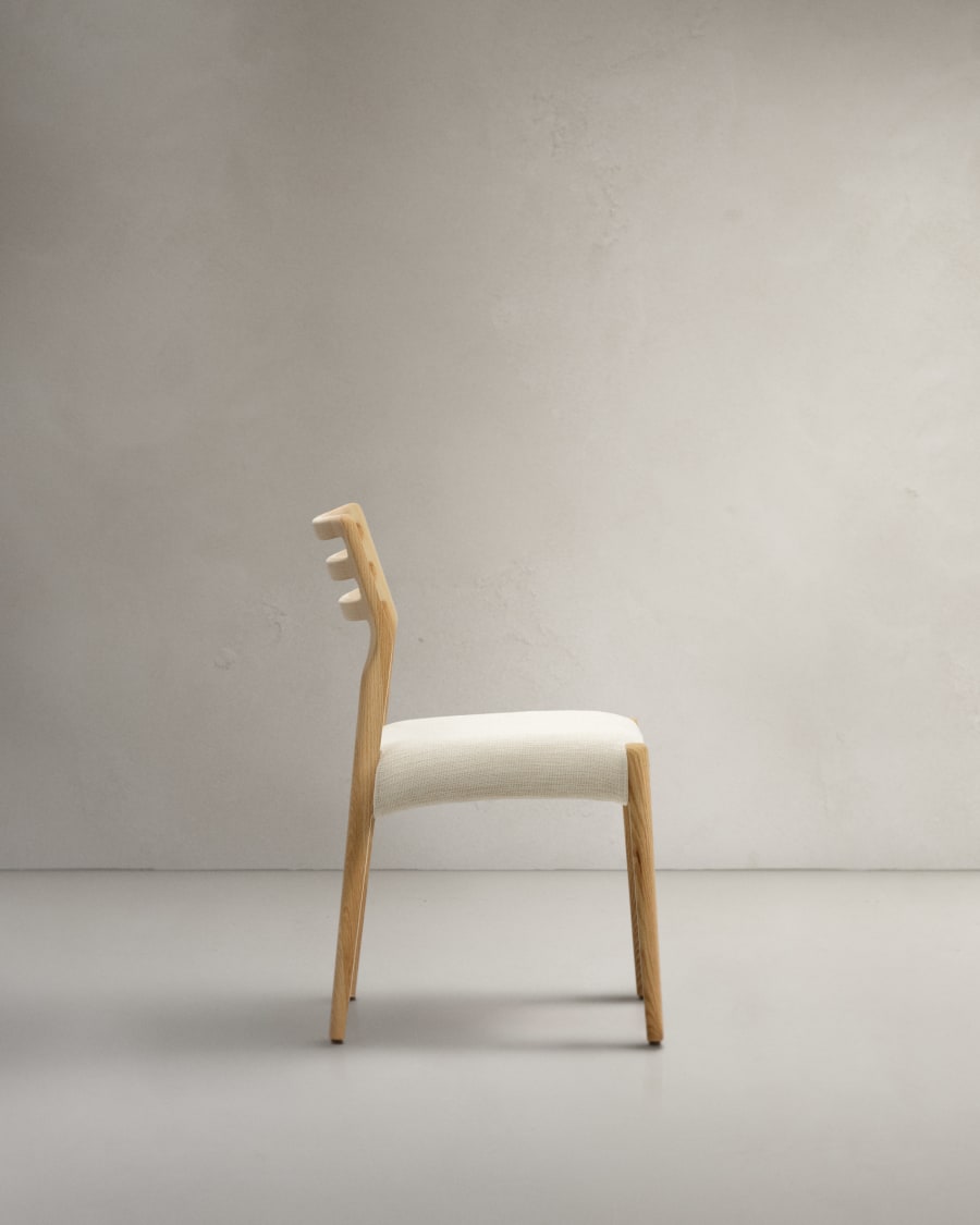 Cudia chair removable cover in beige chenille solid oak wood natural finish FSC Mix Credit