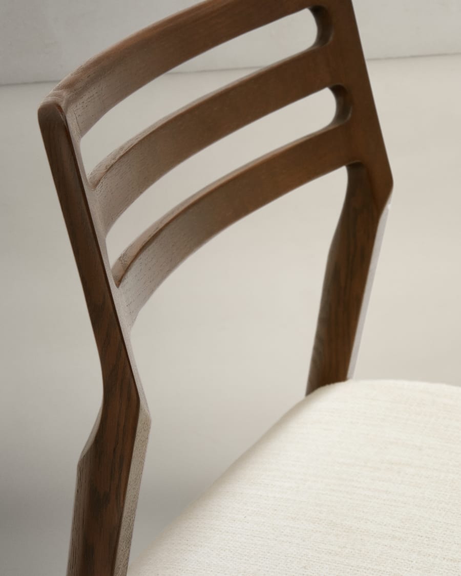 Cudia chair removable cover in beige chenille solid oak wood walnut finish FSC Mix Credit