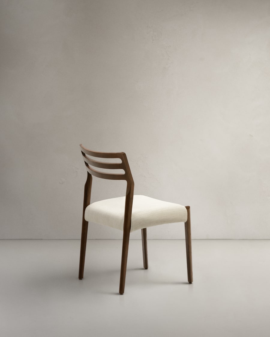 Cudia chair removable cover in beige chenille solid oak wood walnut finish FSC Mix Credit
