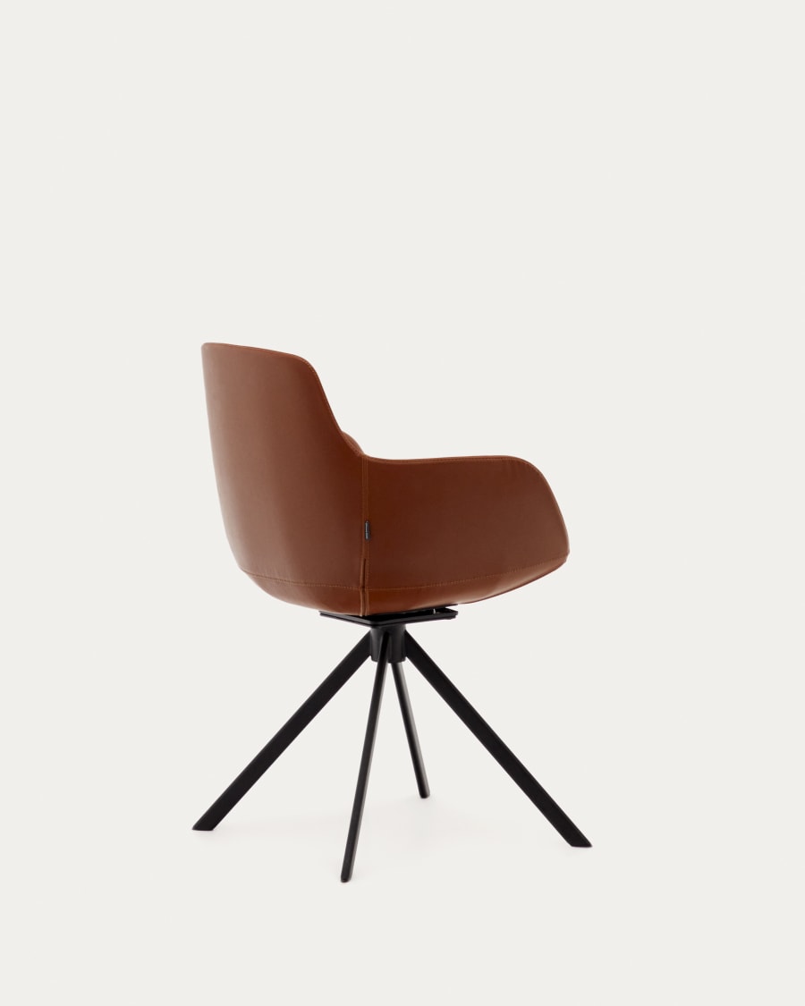 Tissiana self-centring swivel chair in synthetic brown leather and matte black aluminium
