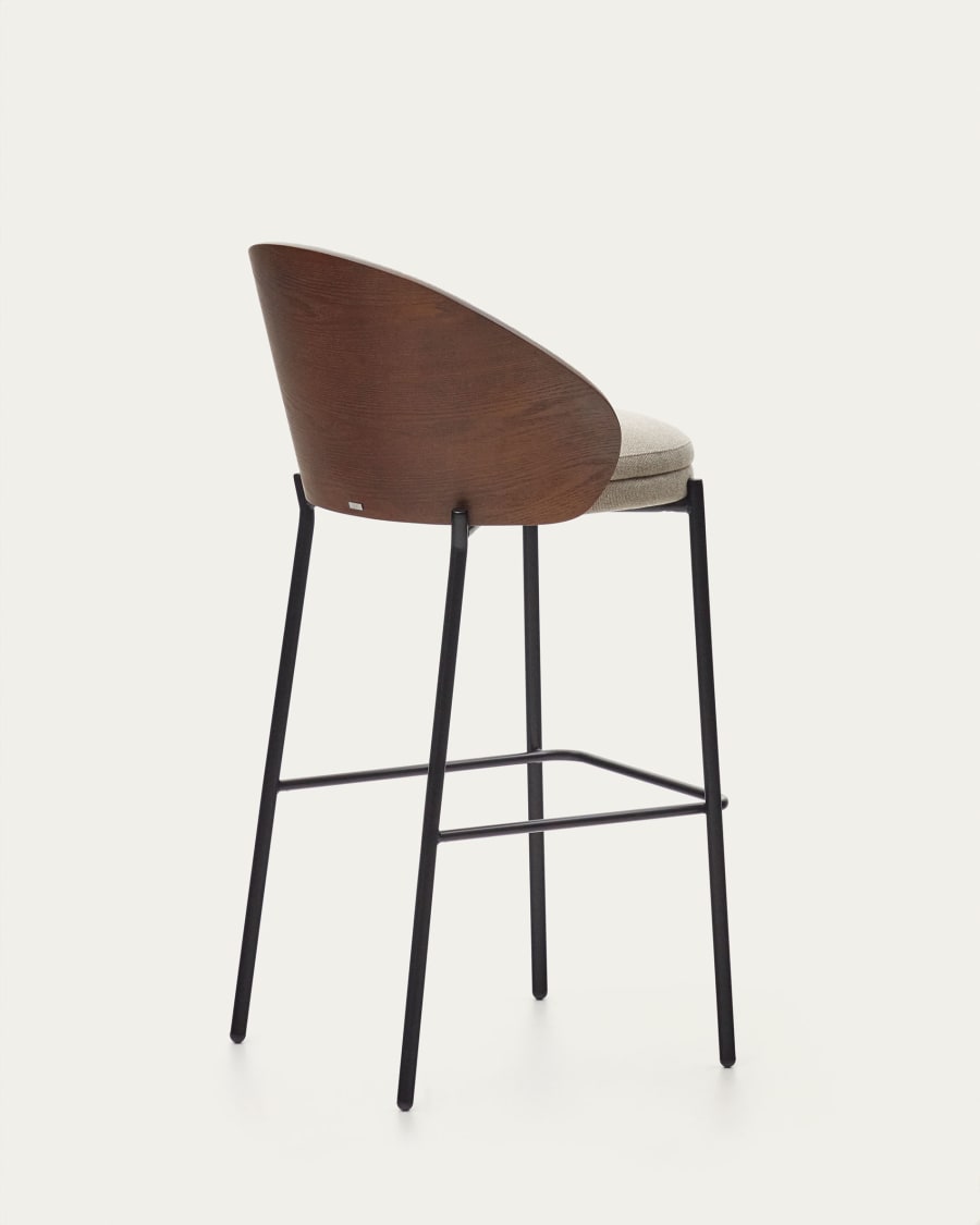 Eamy stool light brown chenille and ash wood veneer with a wenge finish and black metal, 77 cm