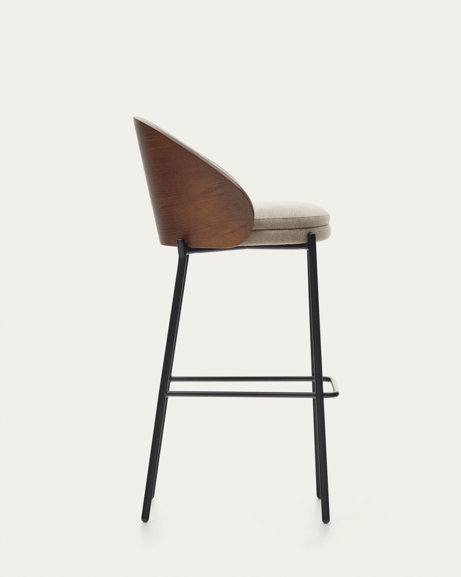 Eamy stool light brown chenille and ash wood veneer with a wenge finish and black metal, 77 cm