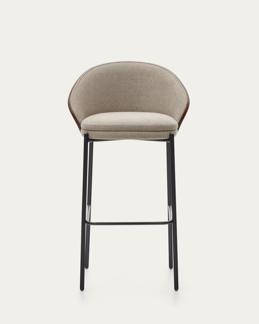 Eamy stool light brown chenille and ash wood veneer with a wenge finish and black metal, 77 cm