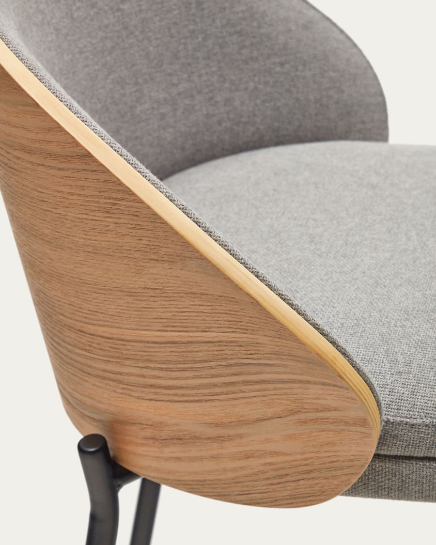 Eamy stool light grey chenille and ash wood veneer with a natural finish and black metal, 77 cm