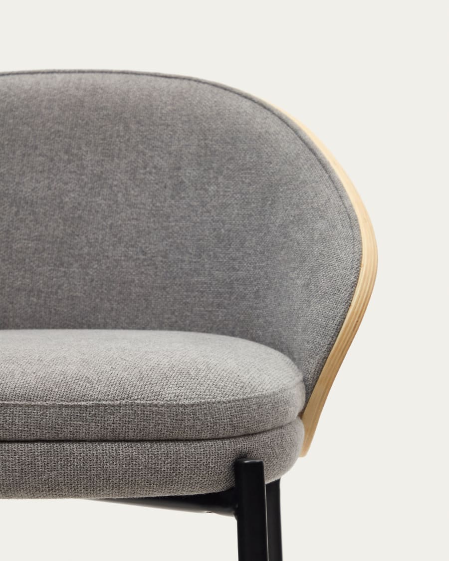 Eamy stool light grey chenille and ash wood veneer with a natural finish and black metal, 77 cm