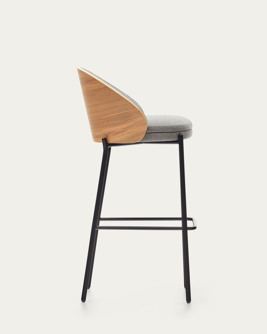 Eamy stool light grey chenille and ash wood veneer with a natural finish and black metal, 77 cm