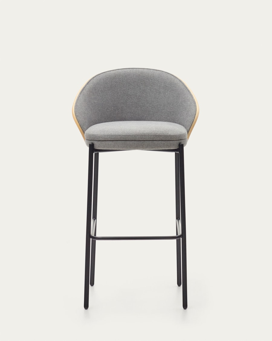 Eamy stool light grey chenille and ash wood veneer with a natural finish and black metal, 77 cm