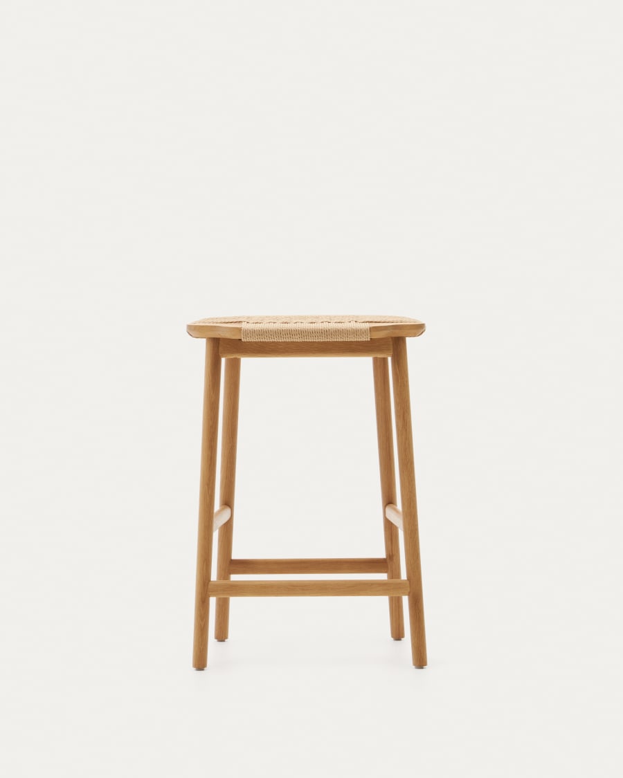 Enit stool made of beige paper cord and solid oak wood with natural finish, 65cm FSC Mix Credit