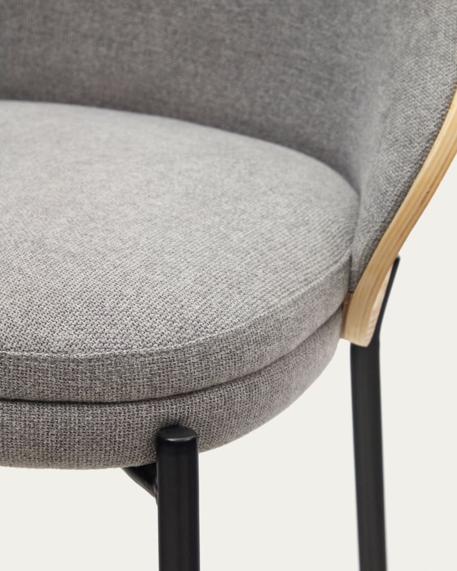 Eamy stool  light grey chenille and ash wood veneer with a natural finish and black metal, 65 cm