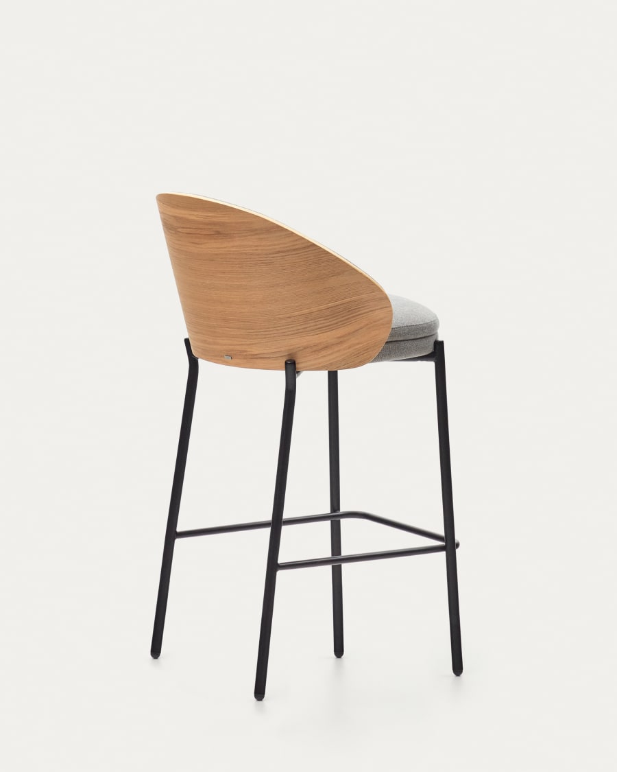 Eamy stool  light grey chenille and ash wood veneer with a natural finish and black metal, 65 cm