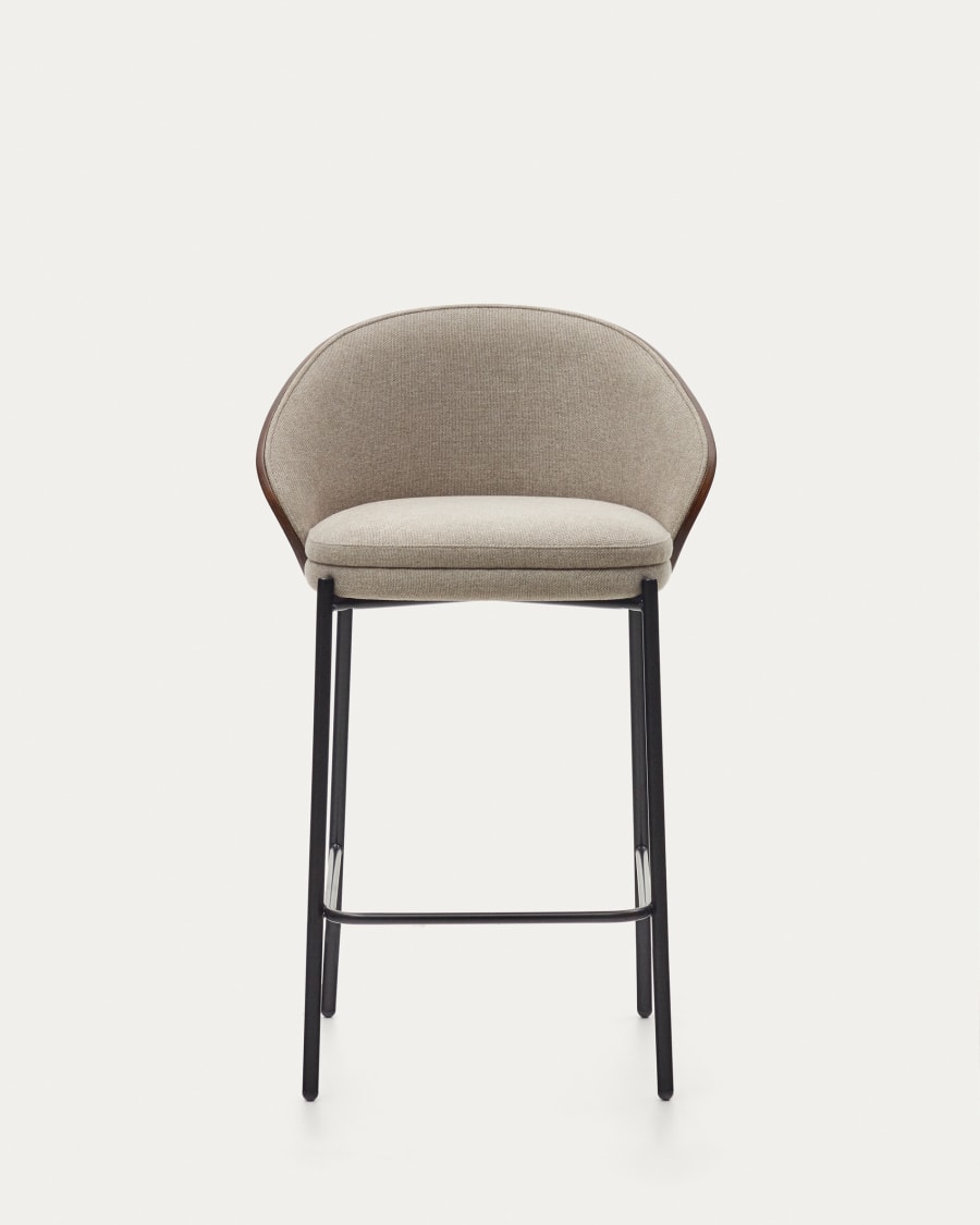 Eamy stool light brown chenille and ash wood veneer with a wenge finish and black metal, 65 cm