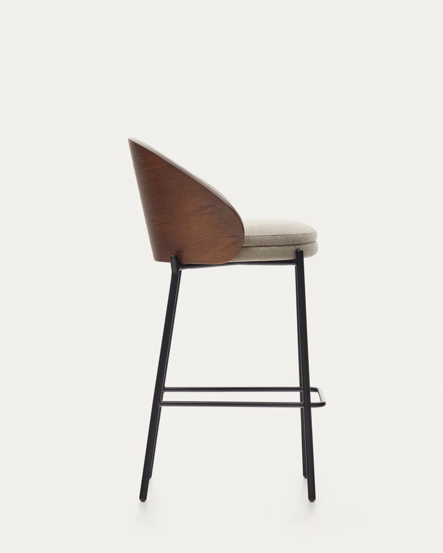 Eamy stool light brown chenille and ash wood veneer with a wenge finish and black metal, 65 cm