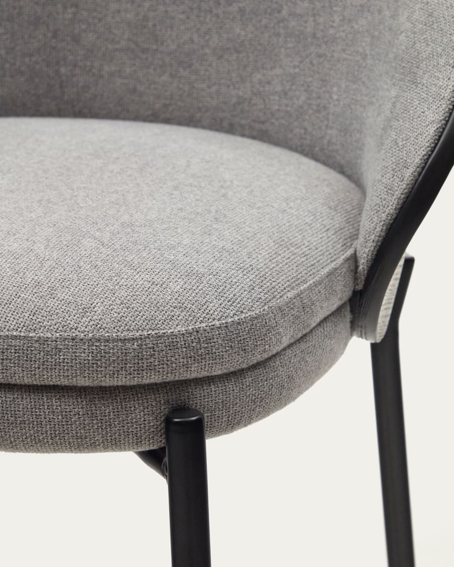 Eamy stool light grey chenille and ash wood veneer with a black finish and black metal, 65 cm