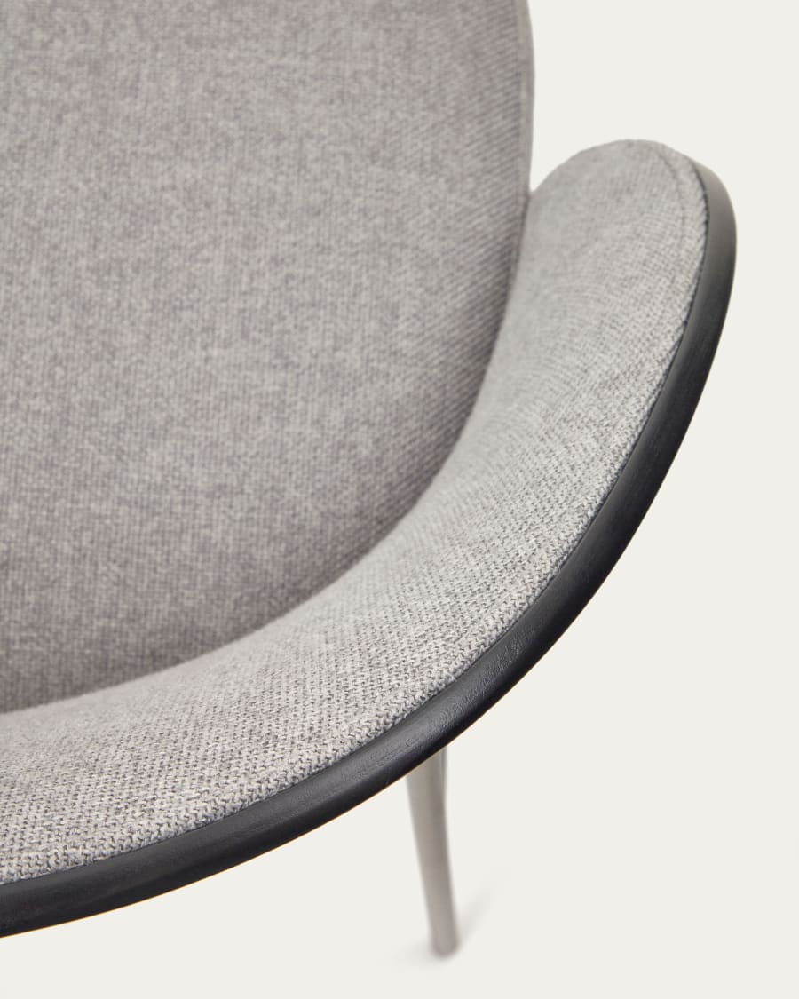 Eamy stool light grey chenille and ash wood veneer with a black finish and black metal, 65 cm