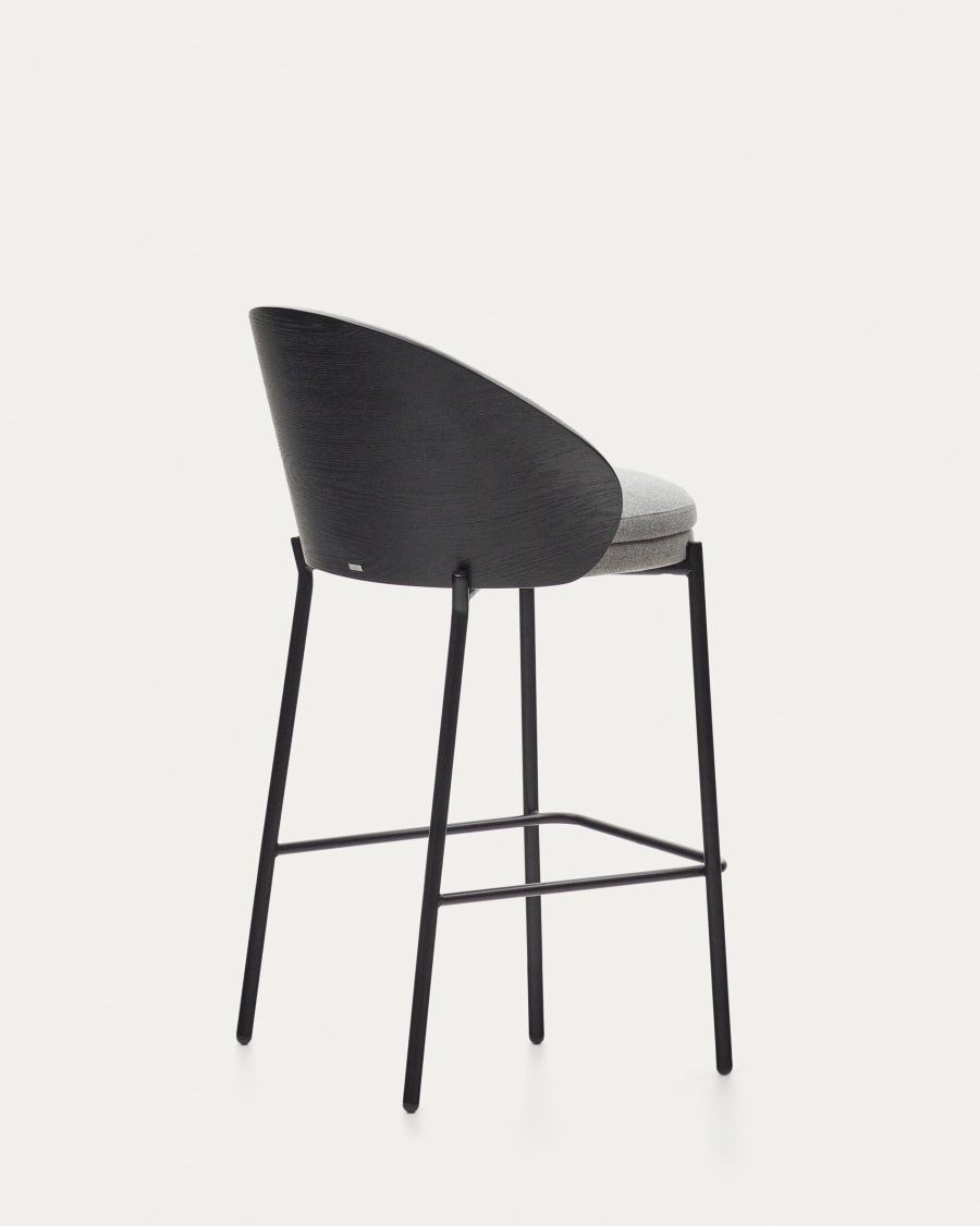 Eamy stool light grey chenille and ash wood veneer with a black finish and black metal, 65 cm