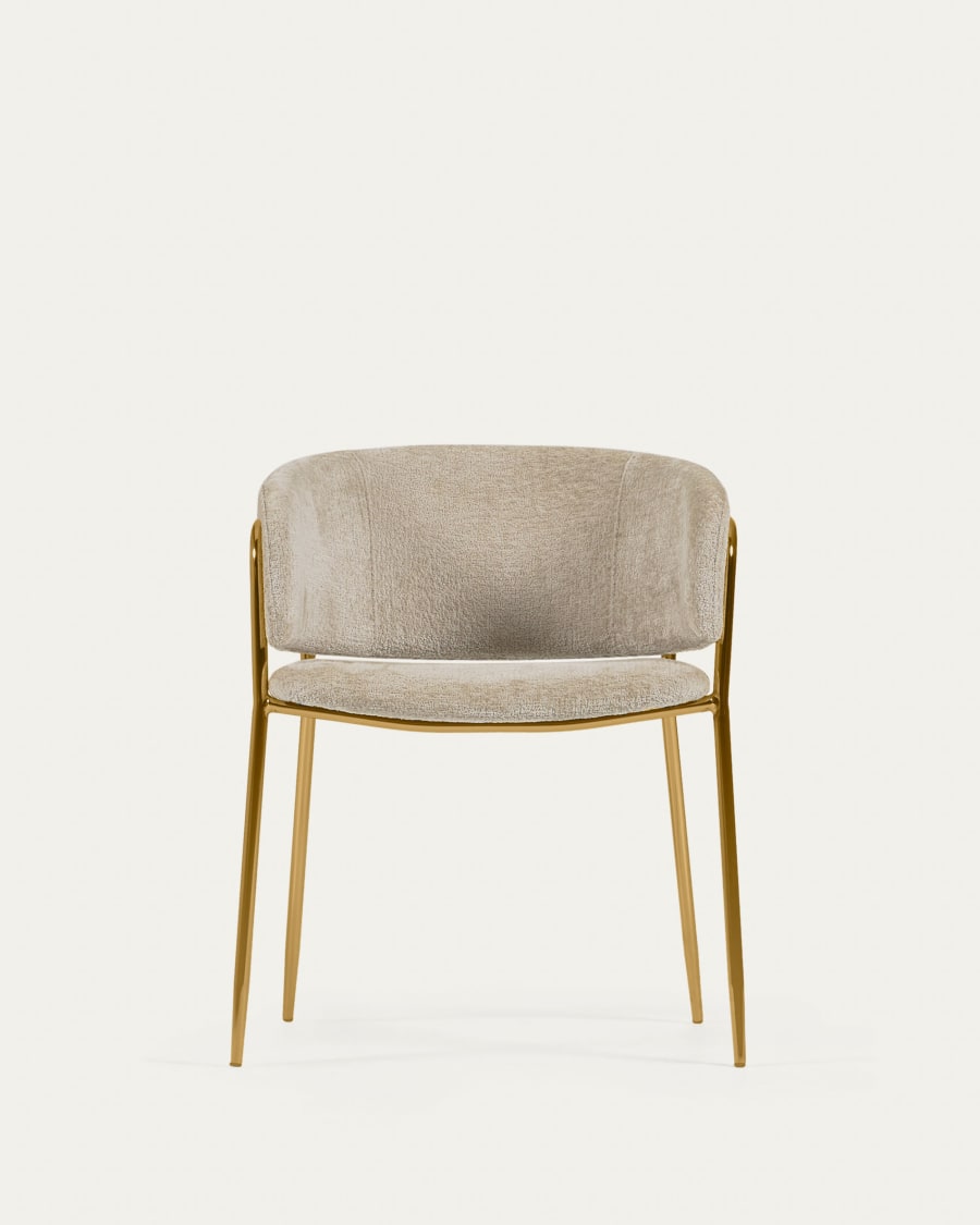 Runnie chair in beige chenille with steel legs and gold finish