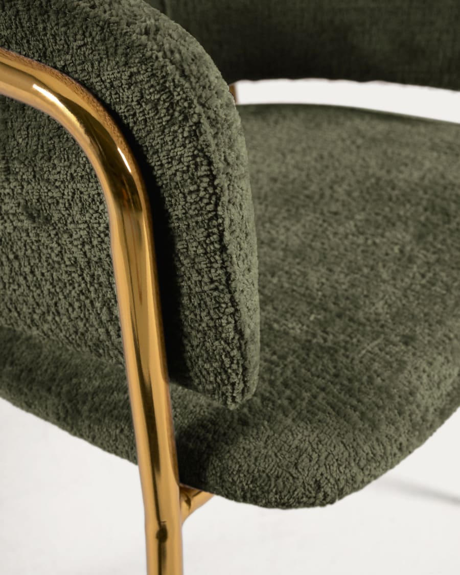 Runnie chair in dark green chenille with steel legs and gold finish