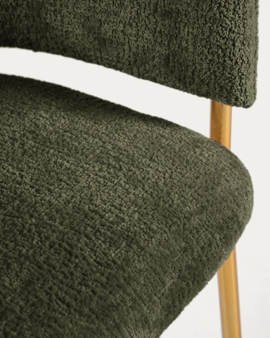 Runnie chair in dark green chenille with steel legs and gold finish