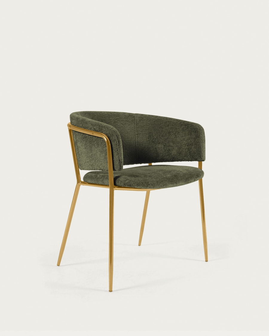 Runnie chair in dark green chenille with steel legs and gold finish