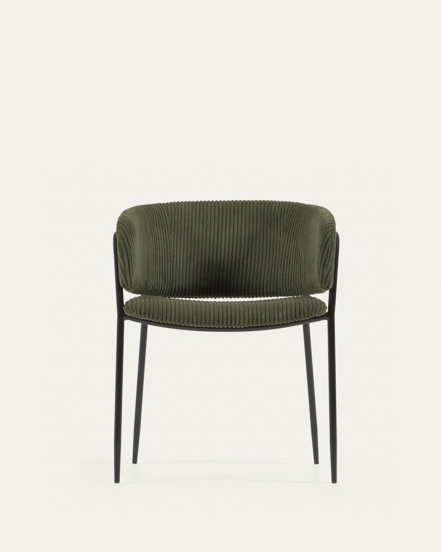 Runnie chair made from dark green wide seam corduroy and steel legs with black finish