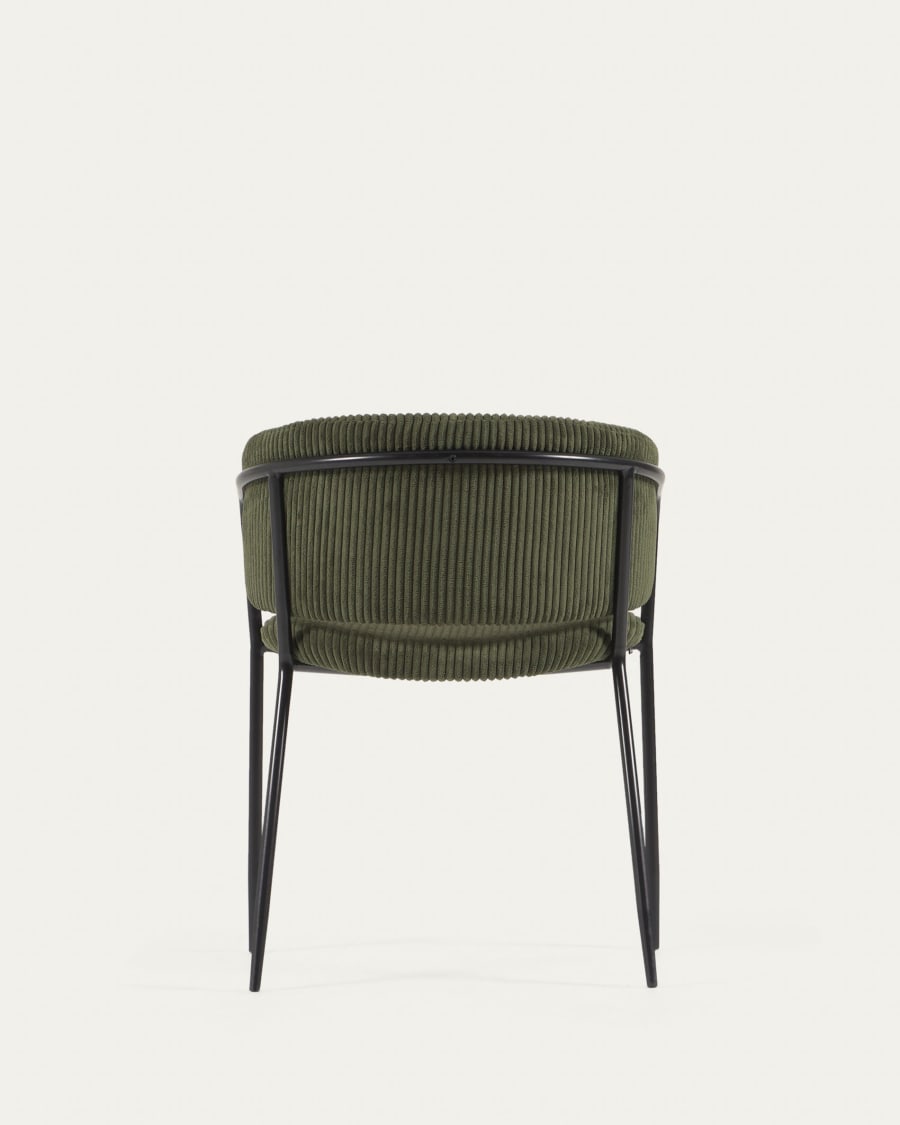 Runnie chair made from dark green wide seam corduroy and steel legs with black finish