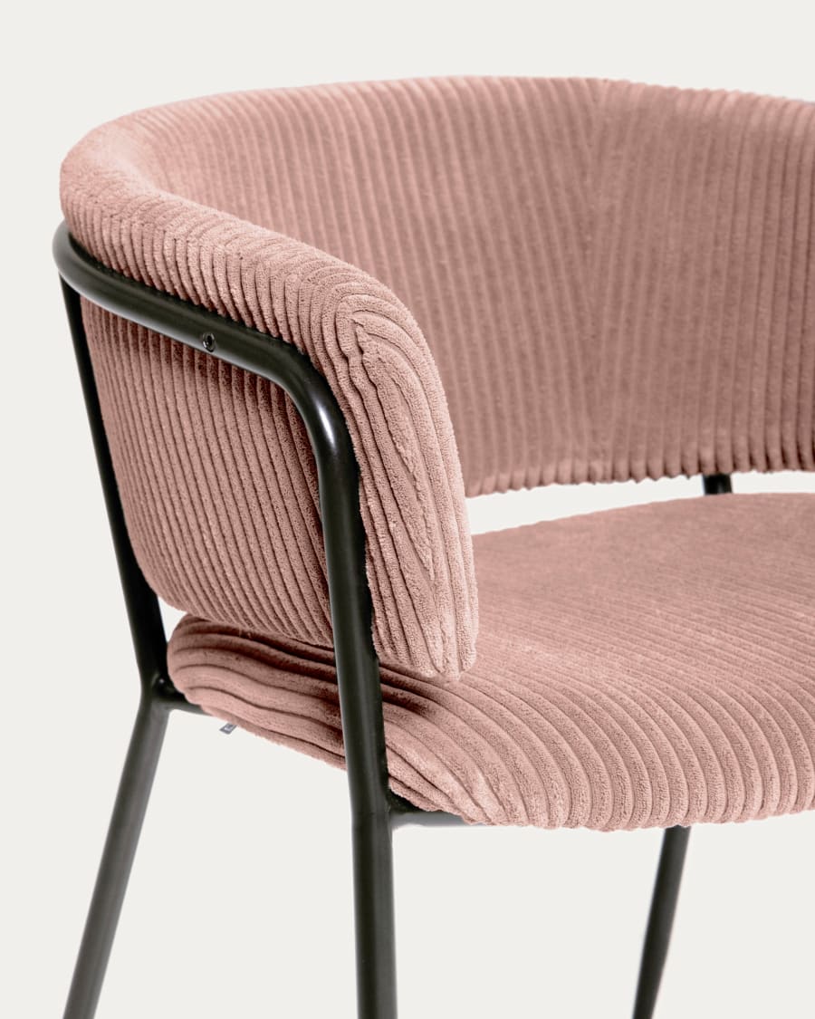 Runnie chair made from pink wide seam corduroy with steel legs in black finish
