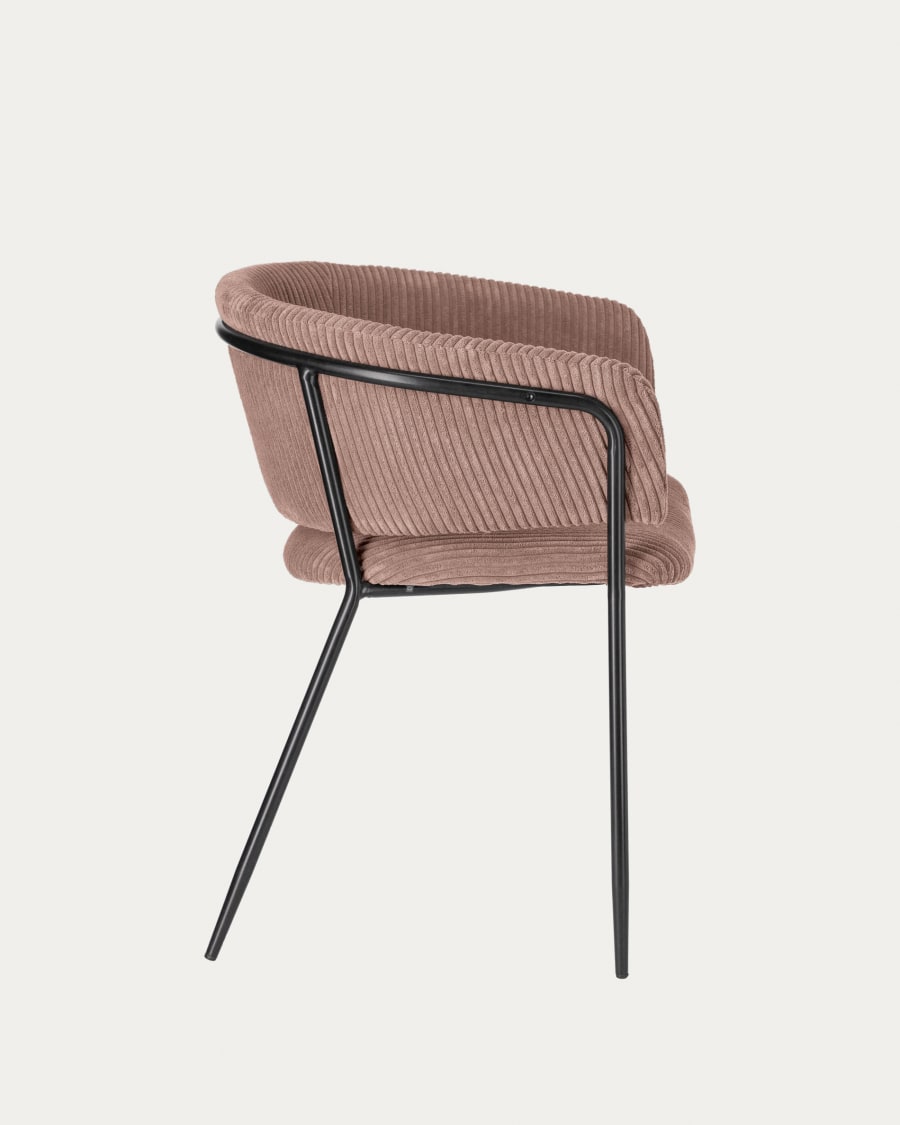 Runnie chair made from pink wide seam corduroy with steel legs in black finish