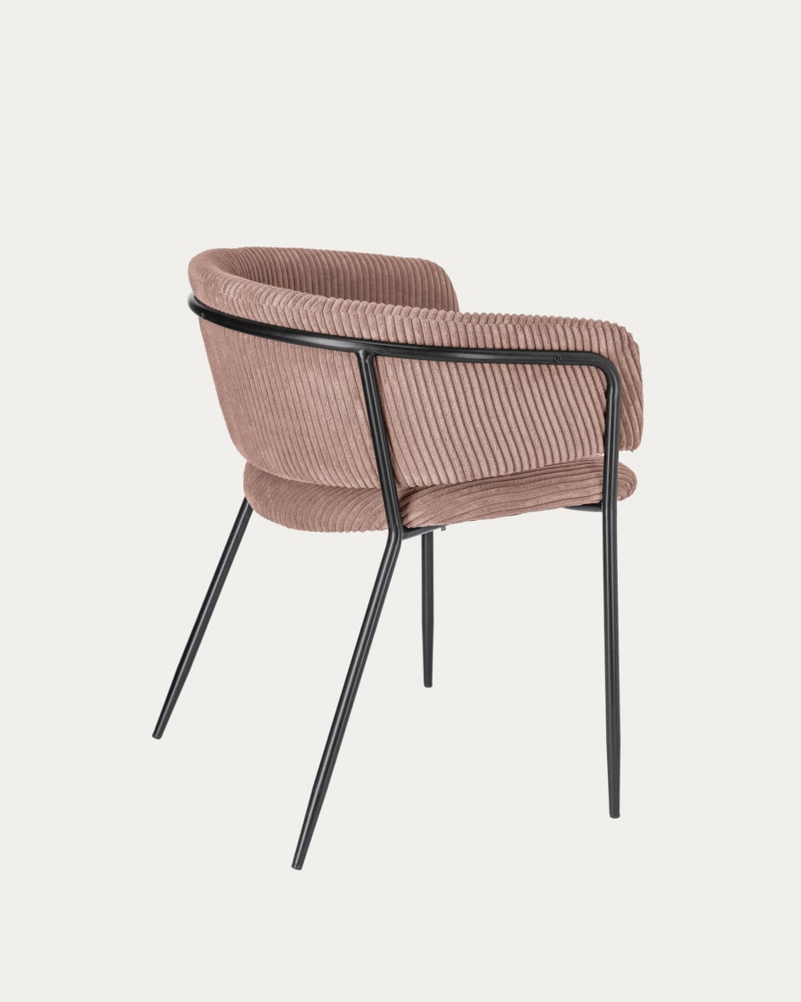 Runnie chair made from pink wide seam corduroy with steel legs in black finish