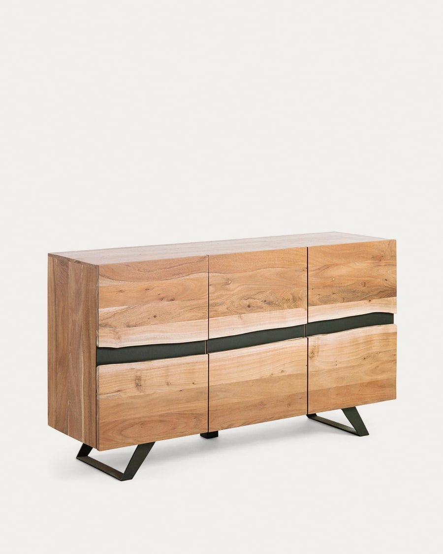 Uxia solid acacia wood sideboard with 3 doors and black finish steel, 148 x 85 cm