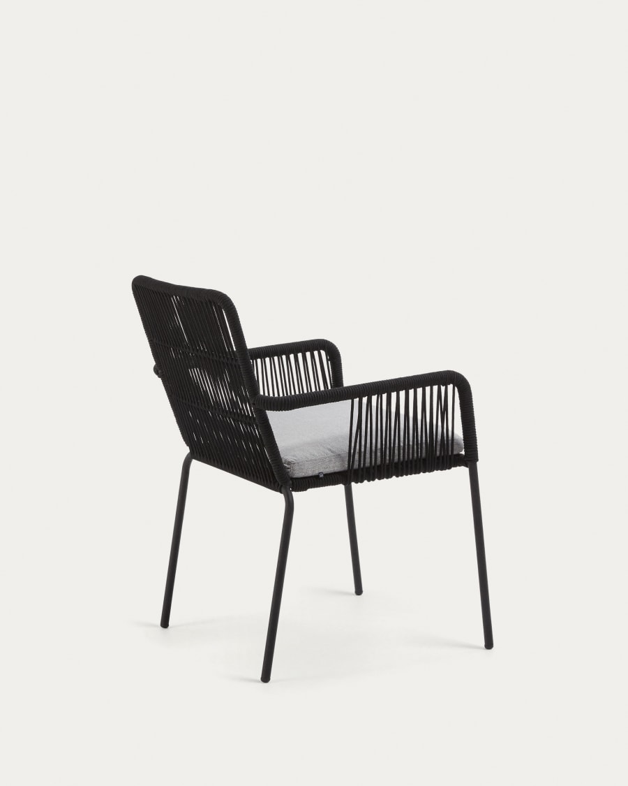 Samanta stackable chair made from black cord and galvanised steel legs.