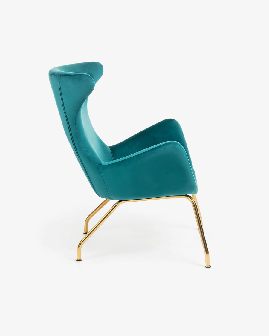 Chleo armchair in turquoise with legs in a gold finish