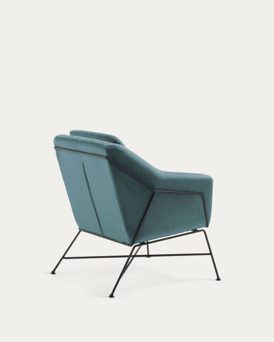 Brida velvet armchair in turquoise with steel structure in black finish.