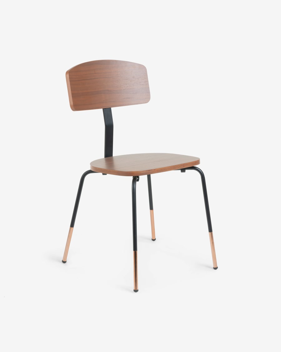 Oyaka chair in walnut veneer and steel with black finish and copper detail