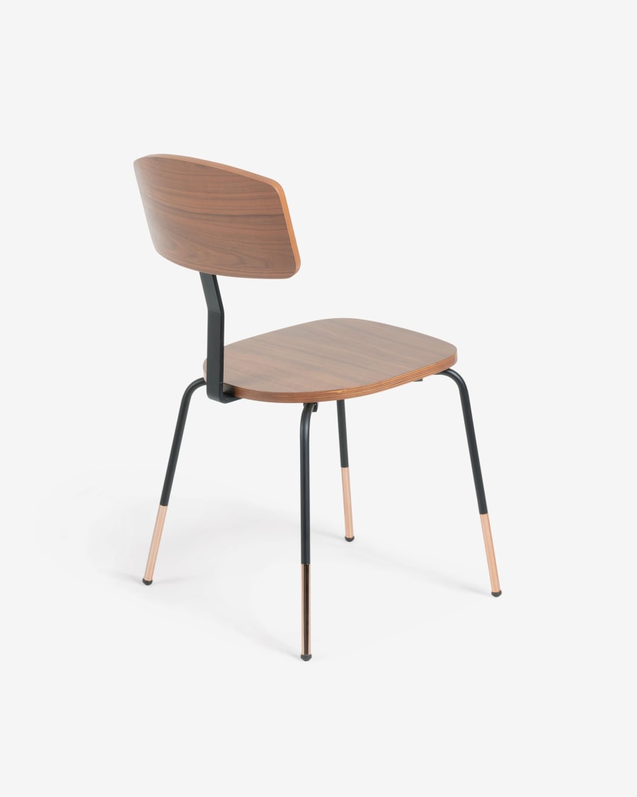 Oyaka chair in walnut veneer and steel with black finish and copper detail