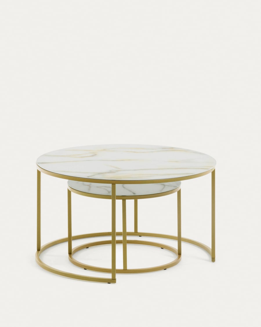 Set of 2 Leonor glass side tables in white and golden steel structure Ø 80 cm / Ø 50 cm