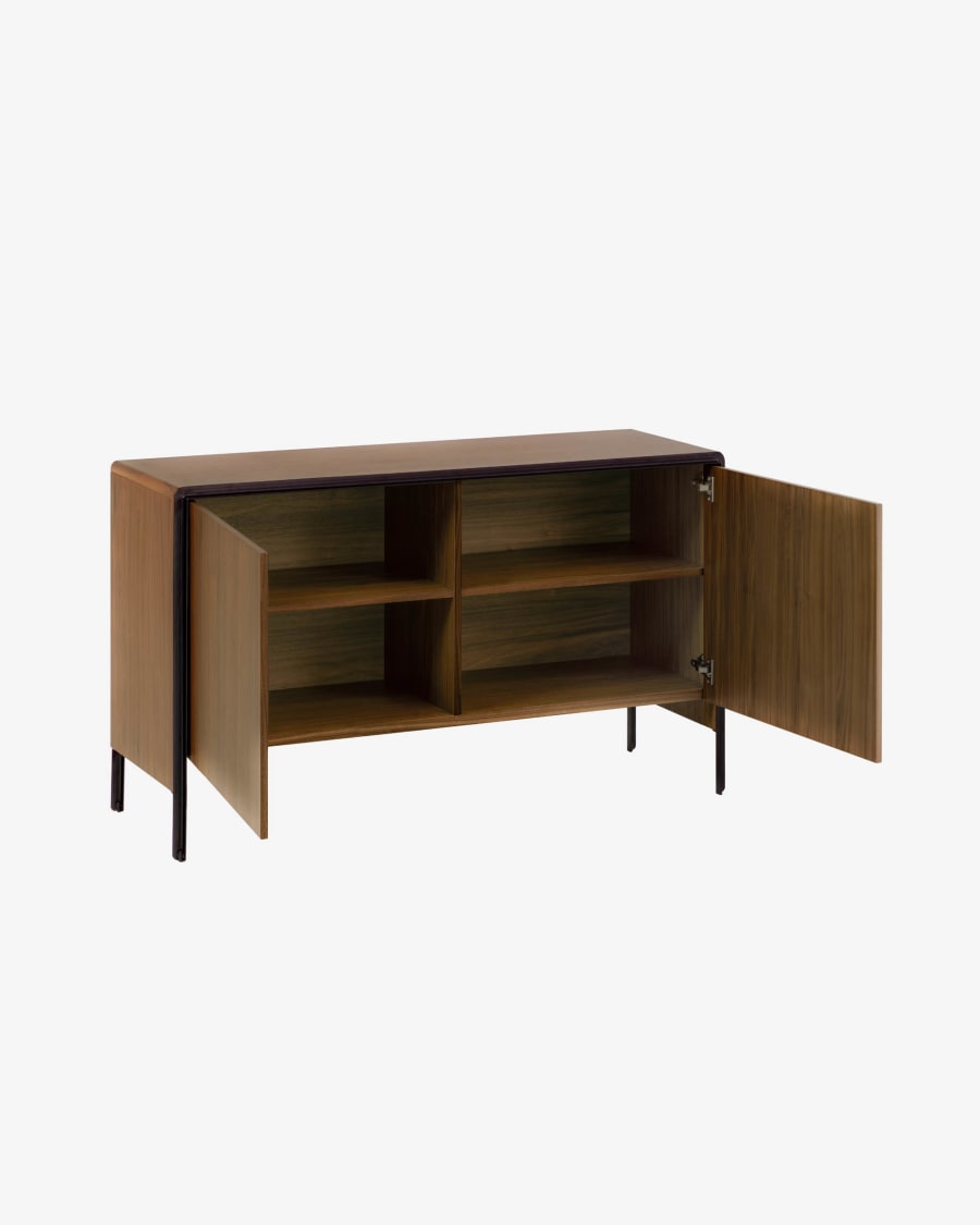 Nadyria walnut wood veneer 2 door sideboard with black finish steel, 140 x 82 cm