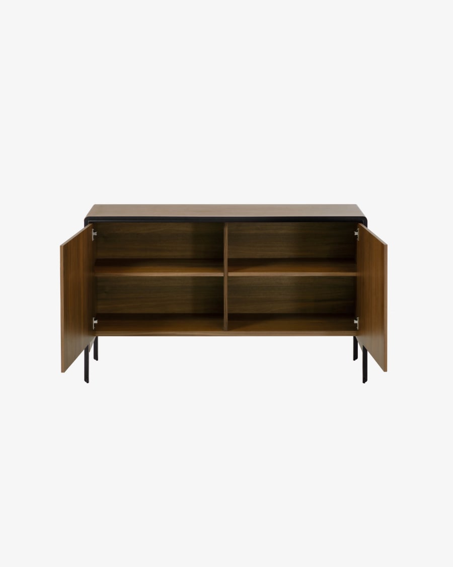 Nadyria walnut wood veneer 2 door sideboard with black finish steel, 140 x 82 cm