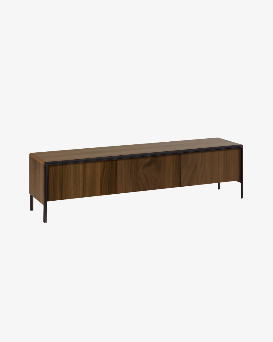 Nadyria walnut wood veneer 3 door TV stand with black finish steel, 180 x 50 cm