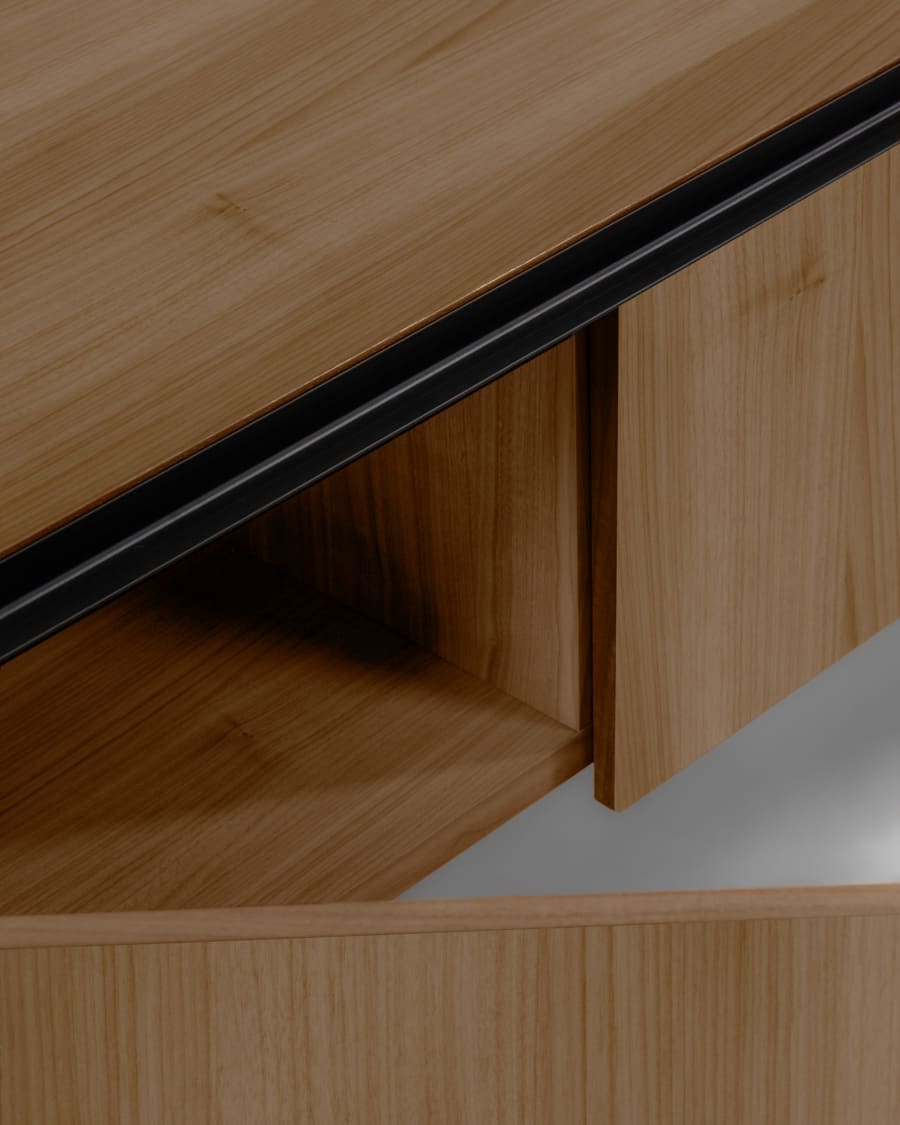 Nadyria walnut wood veneer 3 door TV stand with black finish steel, 180 x 50 cm