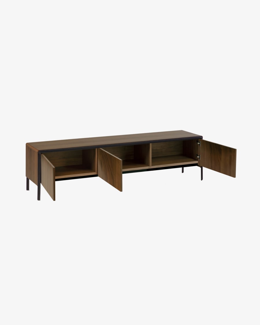 Nadyria walnut wood veneer 3 door TV stand with black finish steel, 180 x 50 cm