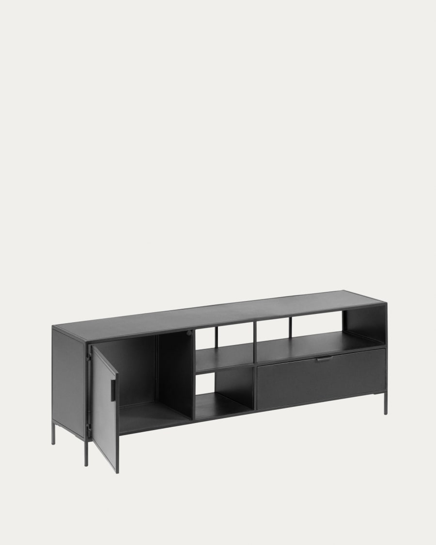 Shantay metal TV stand in a painted black finish with 1 door and drawer, 150 x 50 cm