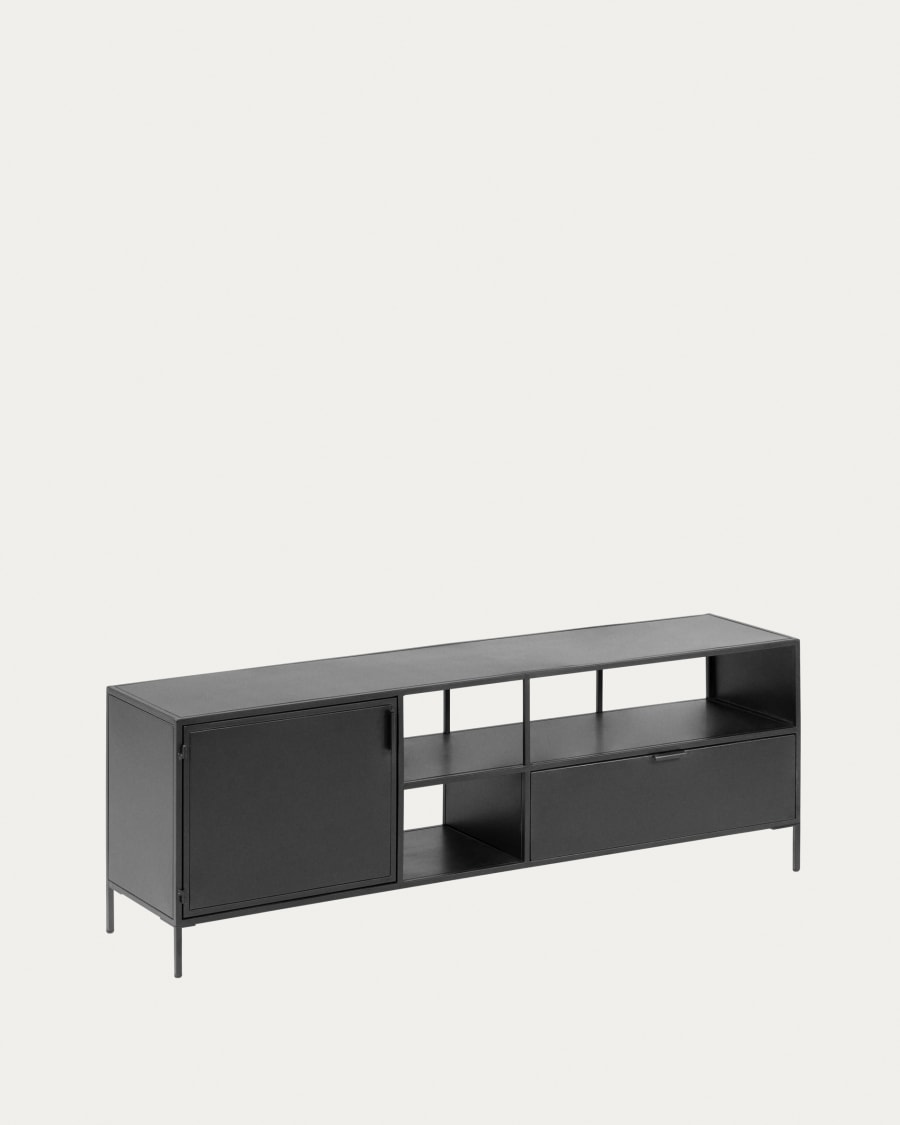 Shantay metal TV stand in a painted black finish with 1 door and drawer, 150 x 50 cm