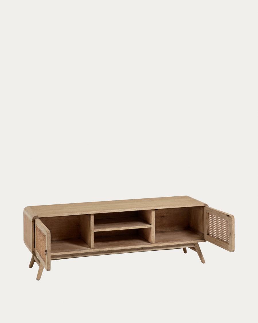 Nalu 2 door solid white cedarwood & rattan TV stand, 150 x 50 cm