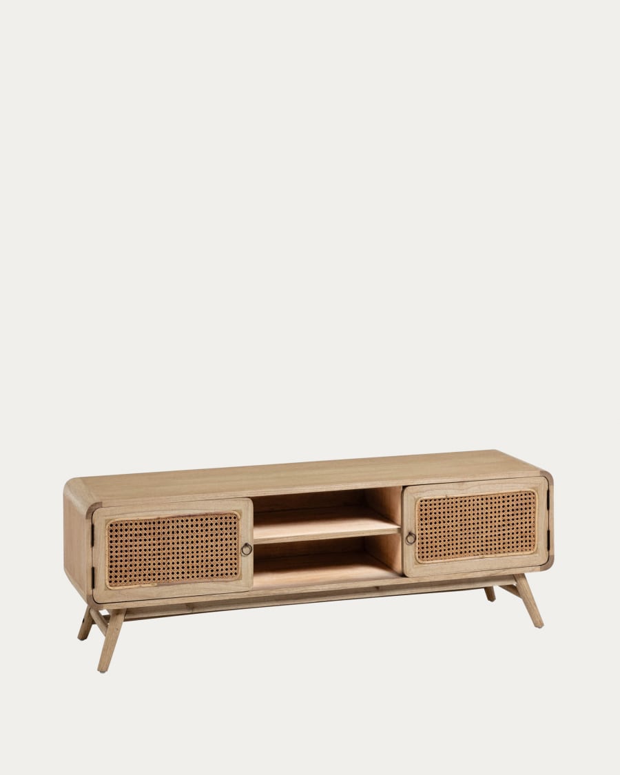 Nalu 2 door solid white cedarwood & rattan TV stand, 150 x 50 cm