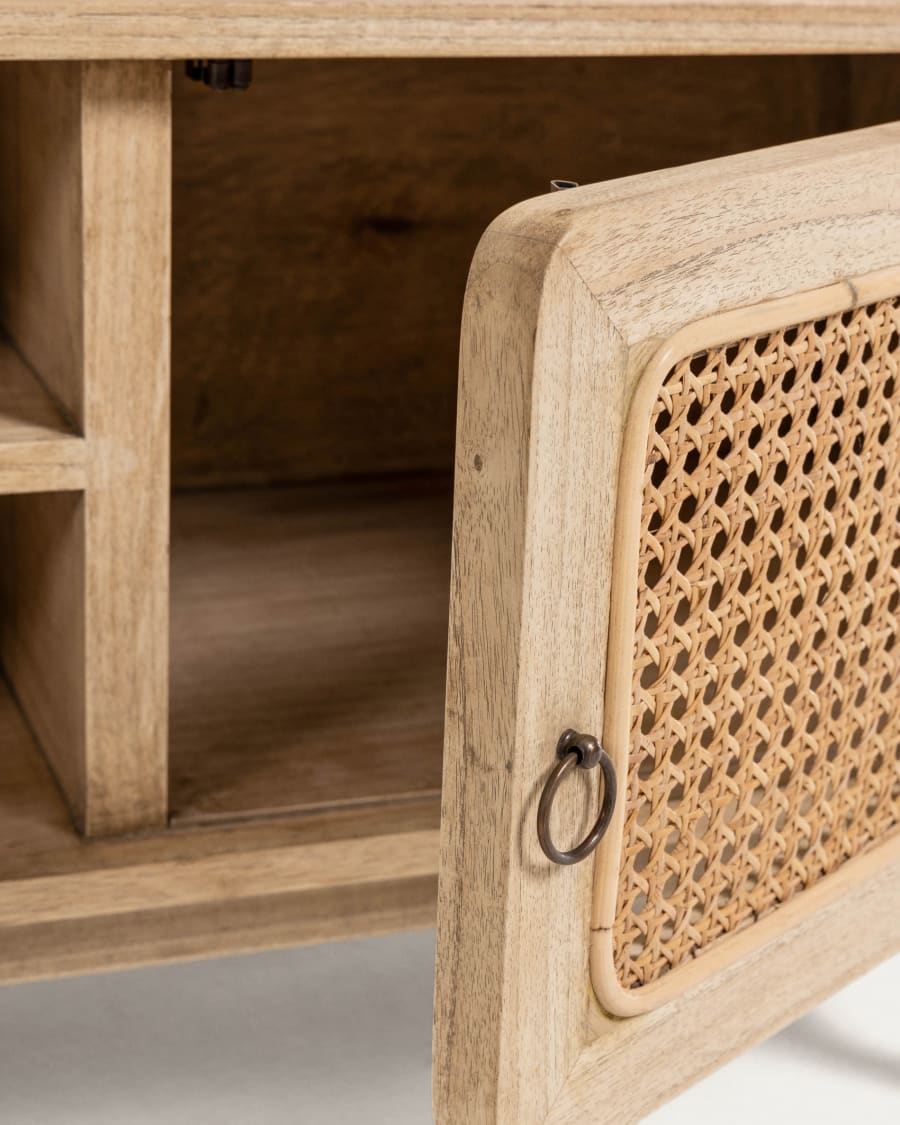 Nalu 2 door solid white cedarwood & rattan TV stand, 150 x 50 cm