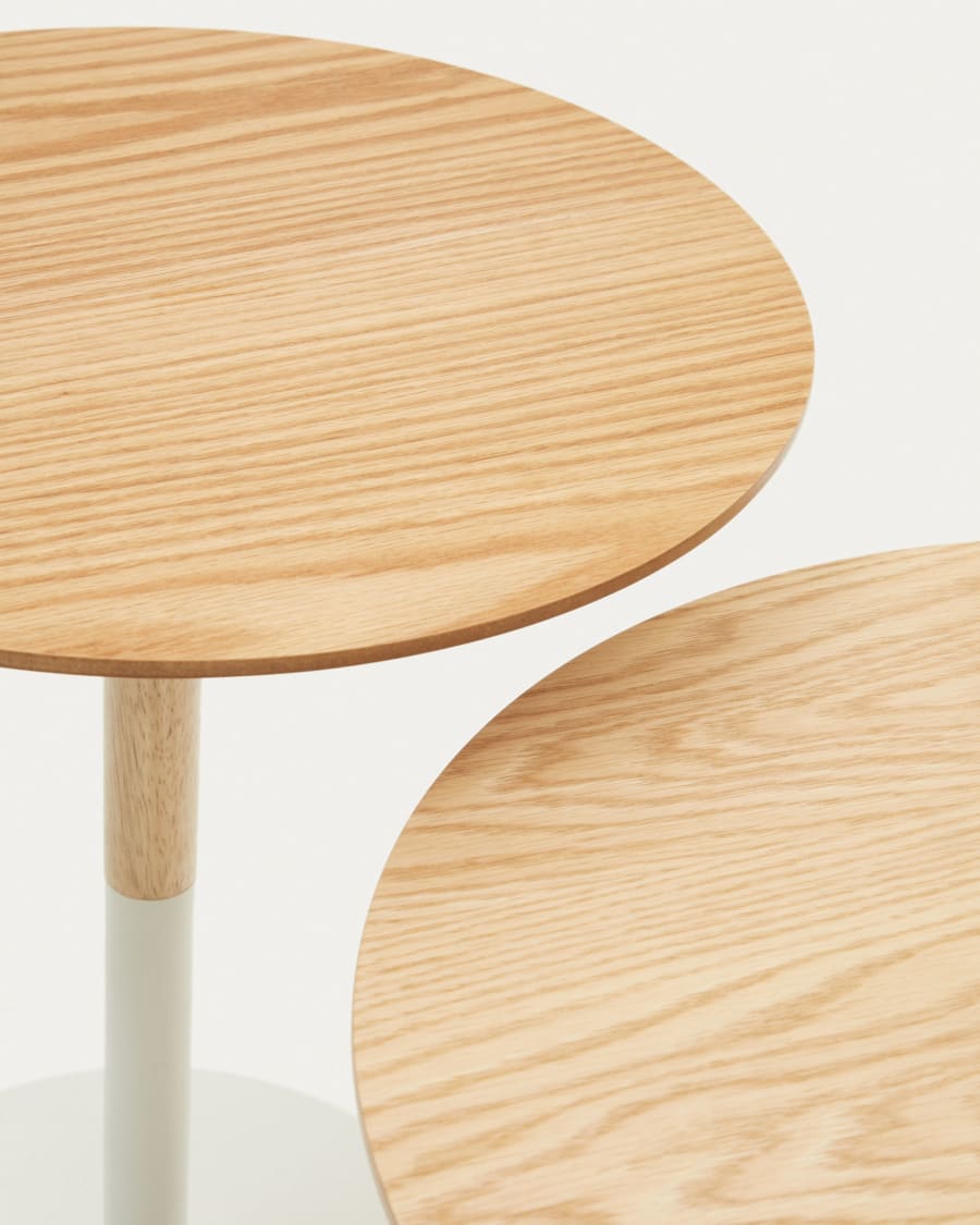 Watse set of 2 side tables in oak wood veneer and matte white metal, Ø 40 cm/Ø 48 cm