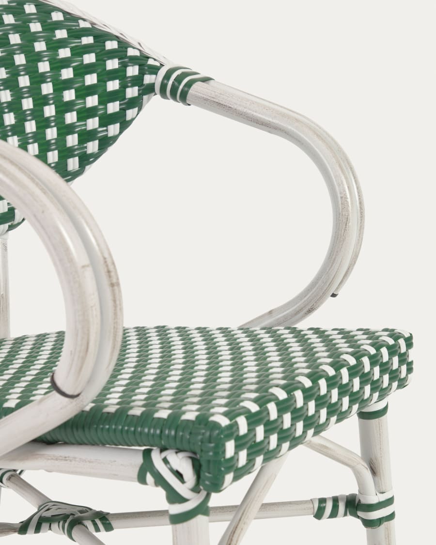 Marilyn stackable outdoor bistro chair with arms in aluminium and synthetic rattan, green & white