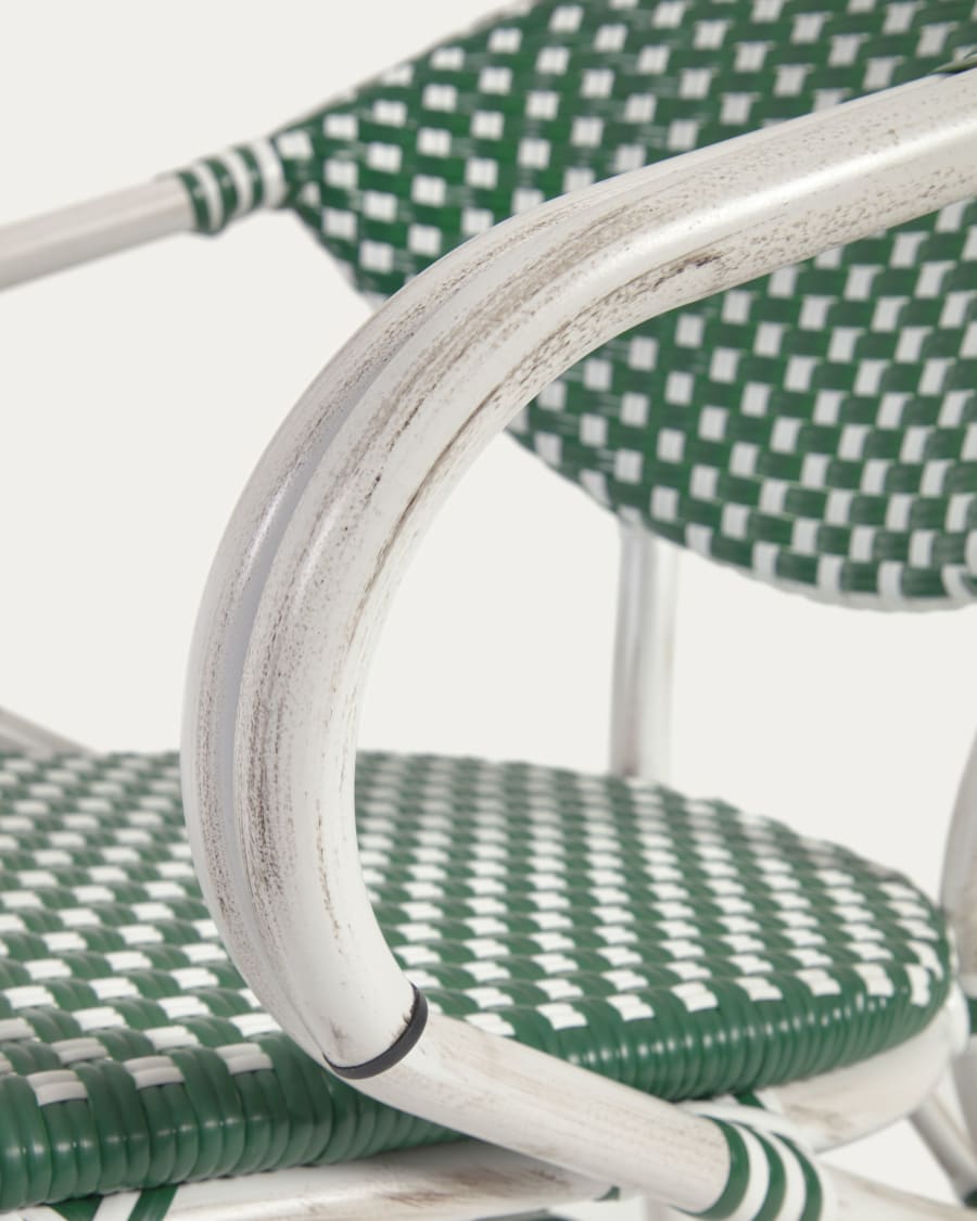 Marilyn stackable outdoor bistro chair with arms in aluminium and synthetic rattan, green & white